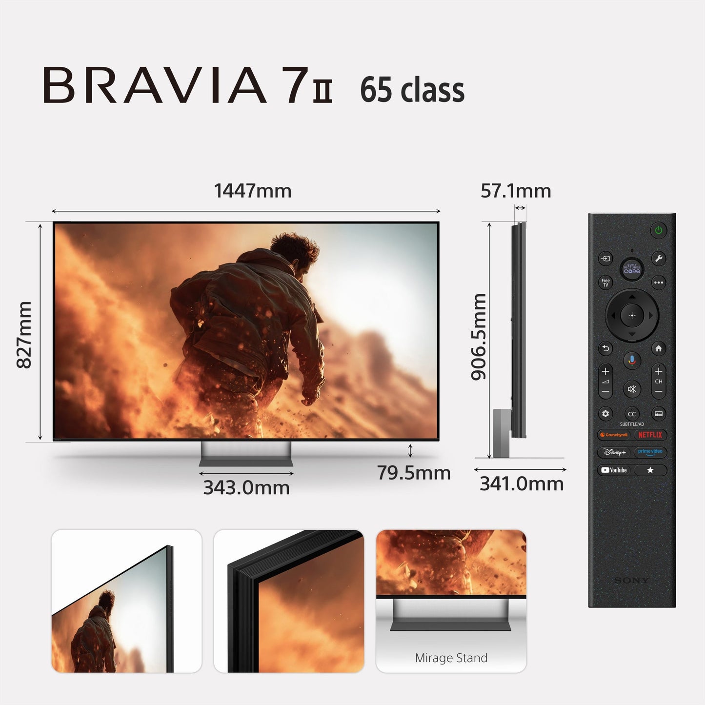 Sony BRAVIA 7II 65 class TV with dimensions and remote control on a white background