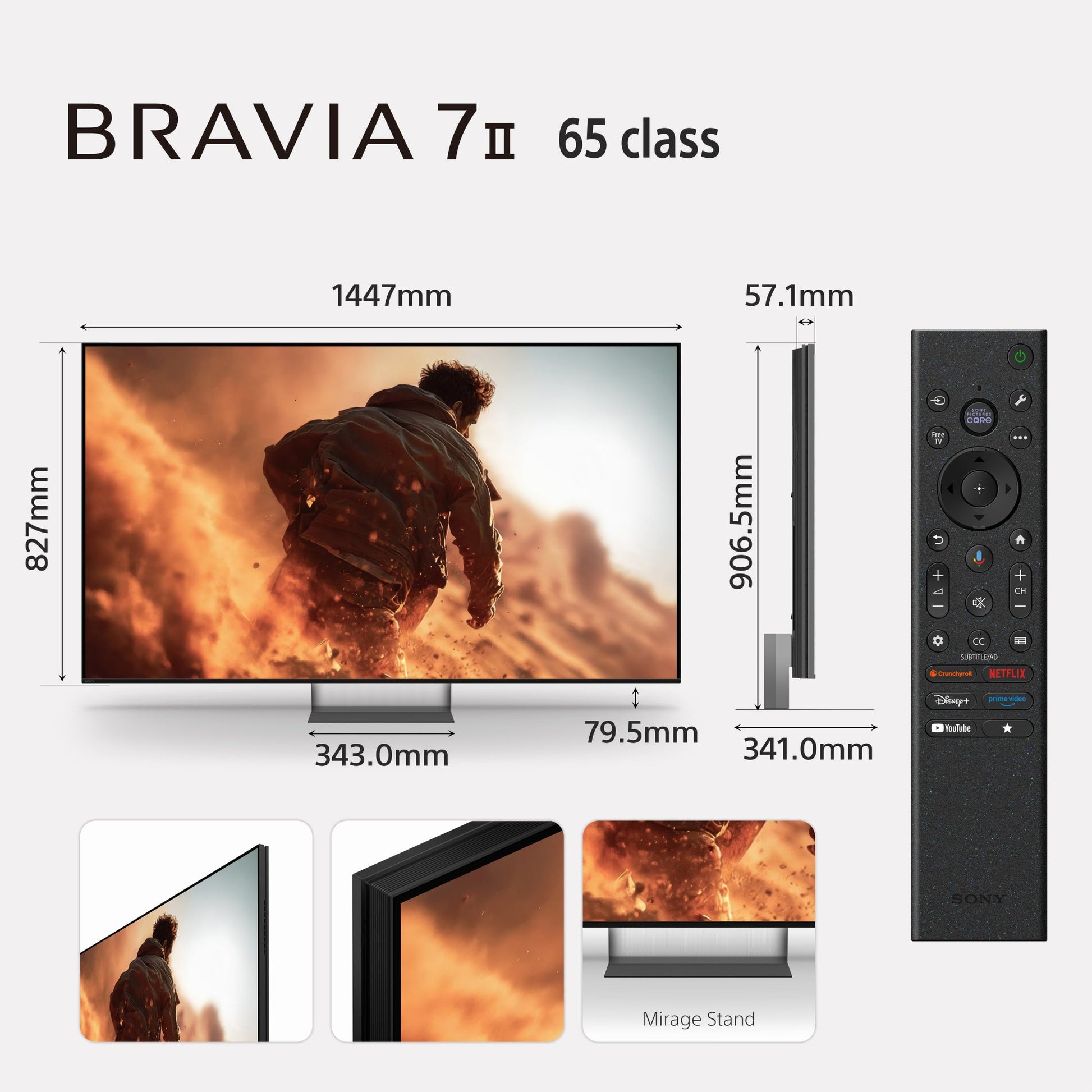 Sony BRAVIA 7II 65 class TV with dimensions and remote control on a white background