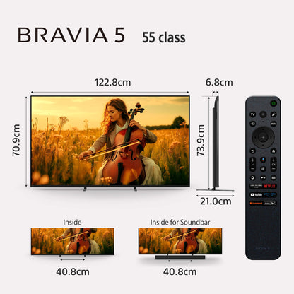 سوني | BRAVIA 5 | ‏55 بوصة | ‏XR Processor | ‏Mini LED | ‏4K بوضوح عالٍ فائق | نطاق ديناميكي عالٍ (HDR) | تلفزيون ذكي (Google TV)