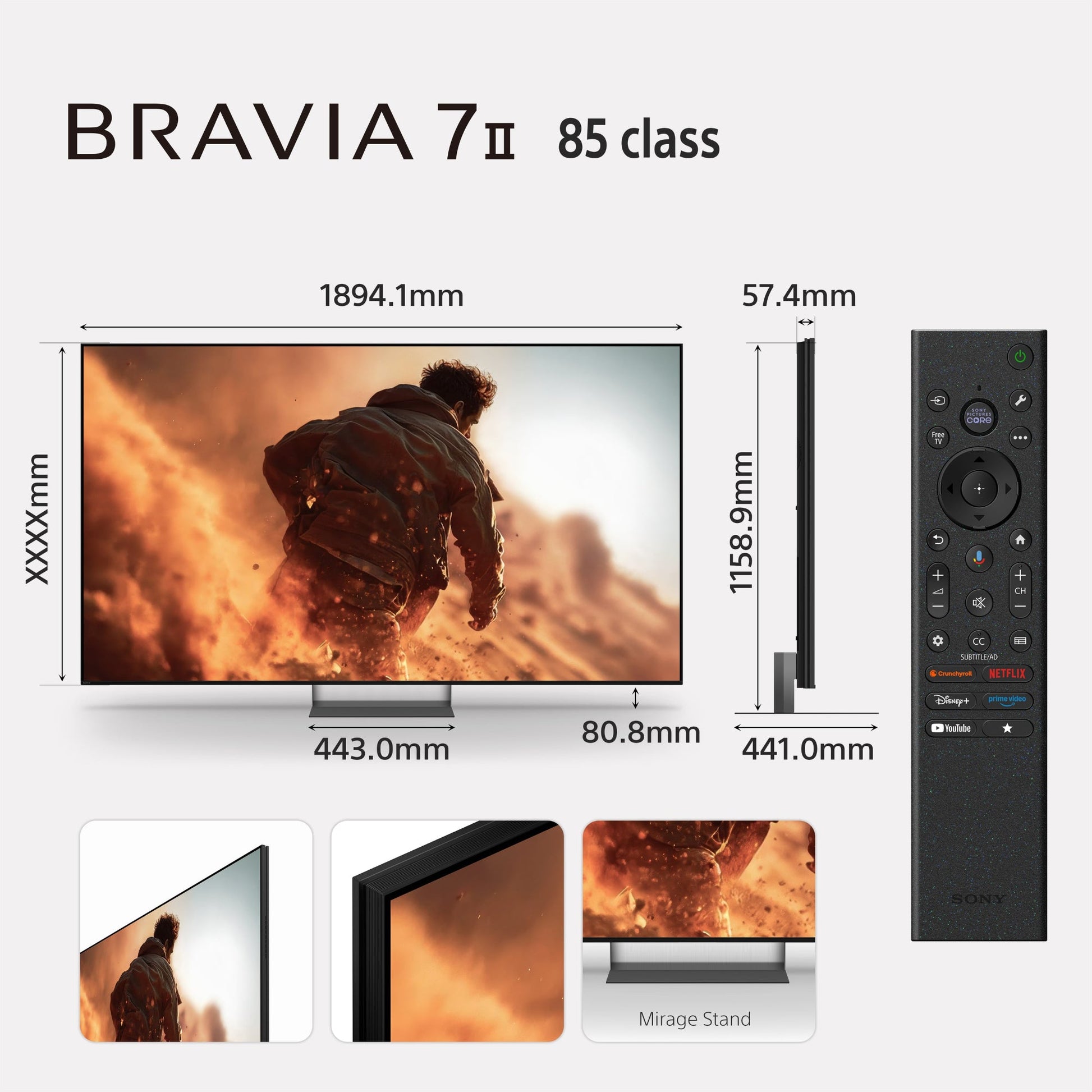 Sony BRAVIA 7II 85 class TV with dimensions and remote control on a white background
