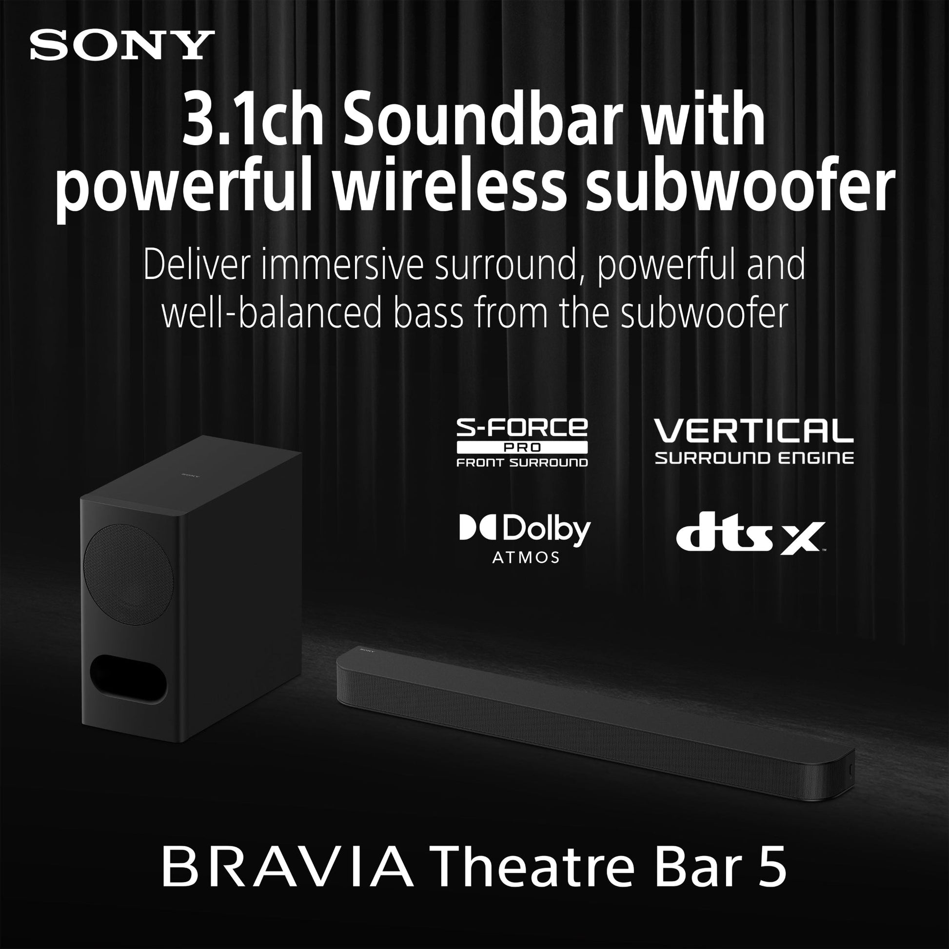 Sony Bravia Theatre Bar 5, 3.1ch Soundbar with powerful wireless subwoofer with Dolby Atmos®/DTS:X®, 2026 Model