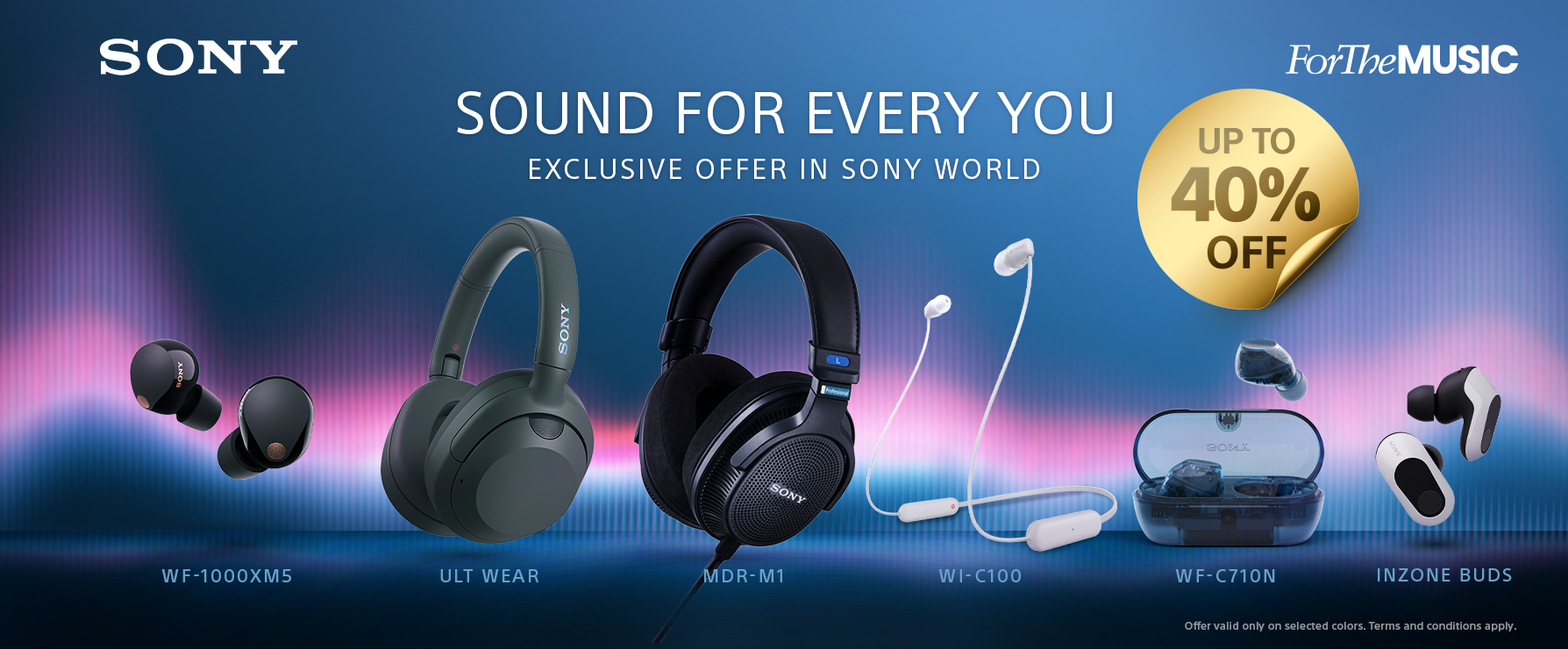 Sony audio products with promotional offer on a blue background