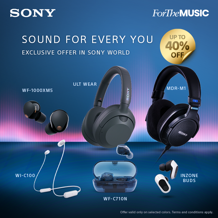 Sony headphones and earbuds with promotional text on a blue background