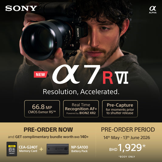Person holding a Sony camera with promotional text for the Sony Alpha 7R VI.