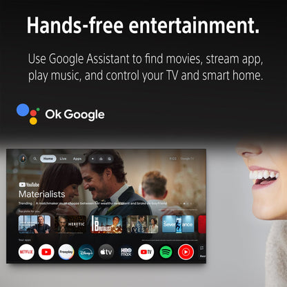 Promotional graphic for the Ok Google hands-free entertainment smart home device. The top half is dark gray with white text explaining that the device allows hands-free entertainment via Google Assistant, including Netflix, YouTube, Spotify, and TV control.