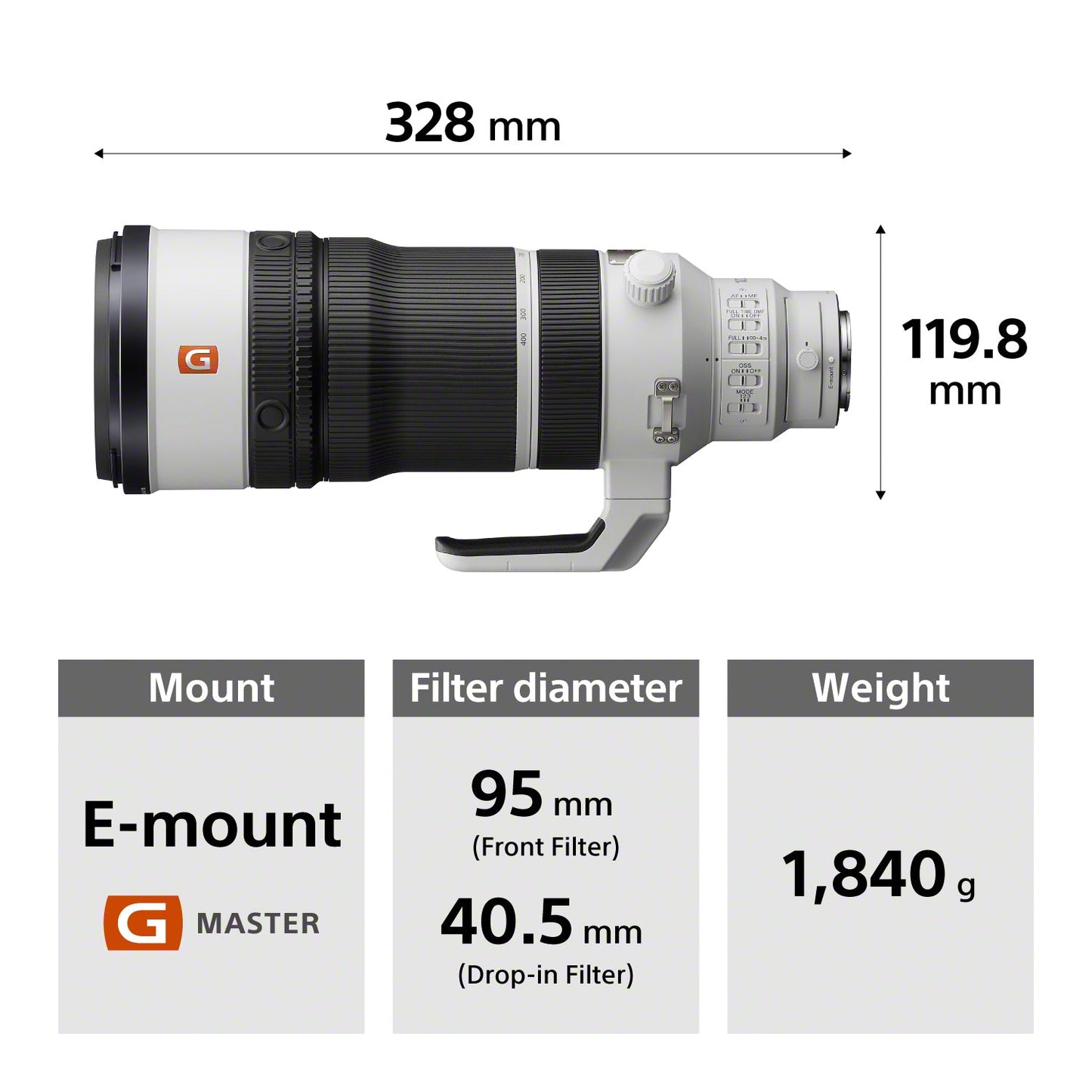Camera lens with specifications including mount type, filter dimensions, and weight on a white background.